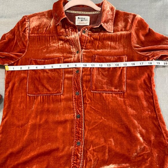 Anthro Holding Horses Rust Silk Blend Crushed Velvet Button Down Blouse Shirt XS - Picture 12 of 16